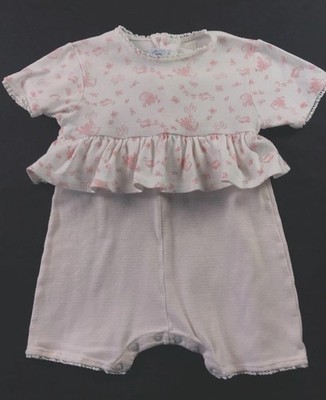Vintage Petit Bateau Romper Duck Flowers Bodysuit Baby Girl 6 Months White Pink