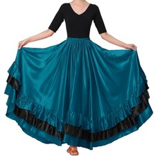 Women Black Red Layers Satin Long Skirt for Spanish Flamenco Belly Dance Gyps...