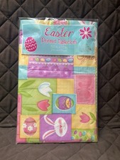 Multi Colored VINYL EASTER TABLECLOTH Easter Eggs Tulips Bunnies 52" x 70