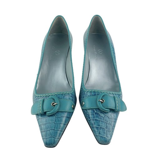 Damen-Kitten-Heels Größe 8 B Cole Haan türkis Krokodildruck Schnallenakzent - Bild 3 von 7