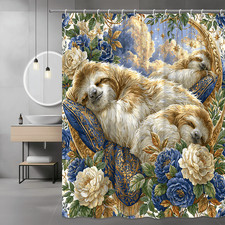 Sloth Floral Shower Curtain Blue Gold Moon Stars Print