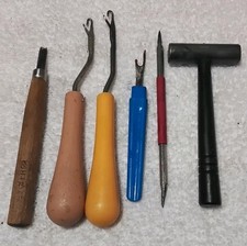 6pc CRAFT TOOL LOT JAPANESE CHOKUTO / RUG LATC/AWL/HAMMER VINTAGE