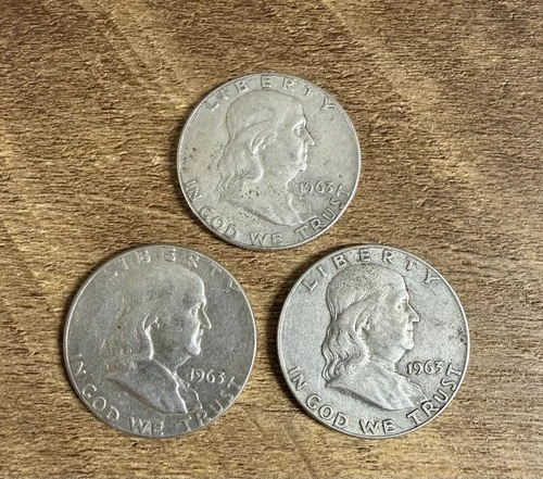 (3) Ben Franklin 1963 90% SILVER Half Dollar Coins 1.08 Troy Ounces SILVER Total