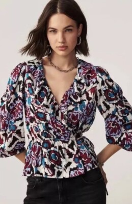 BA&SH Bash Gato Wrap Ruffle Floral Blouse Size L, NEW NWOT, Retail $280