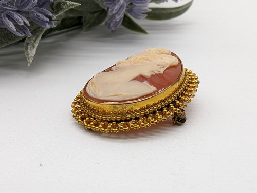 Vintage 12k Gold gefüllt geschnitzt Kamee Schale Porträt Frau Brosche Pin Anhänger - Bild 3 von 7