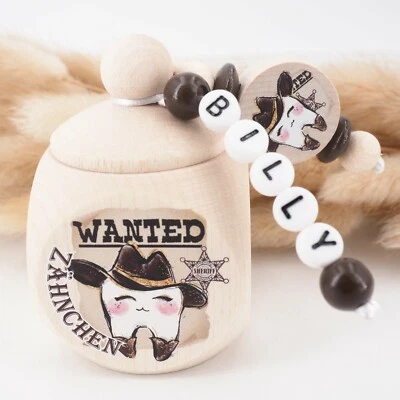 MOTZISBUNTEWELT Milchzahndose mit Namen ❤ Geschenk Junge Zahnfee Sheriff Western Zähne braun