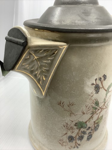 Antique Large Knowles Taylor Knowles Hand Painted Pitcher Coffee Pot Pewter Lid - Picture 8 of 12