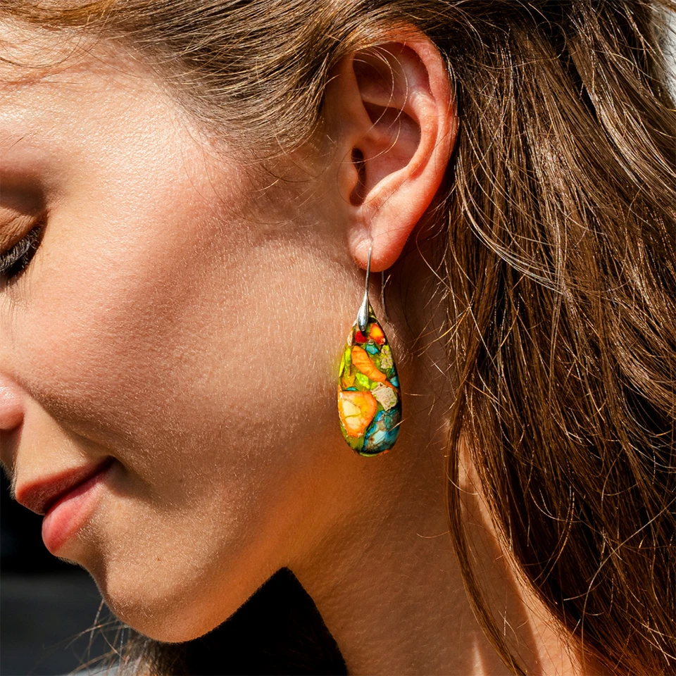 Galaxy Sea Sediment Jasper Stone Teardrop Dangle Earrings Multicolor Gemstone - Image 2 of 3