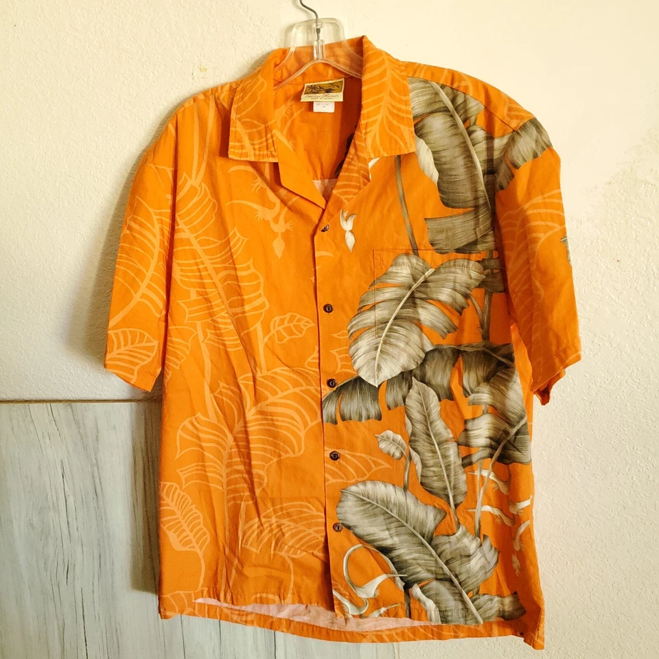 Camisa Aloha Vintage Winnie Fashions Hawaiana Abotonada L Naranja Verde Tropical Foto 2 de 4