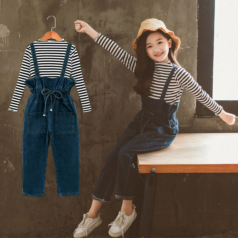 2Pcs Kids Baby Girls Casual Jeans Outfits Stripe Tops Overalls Denim Pants Set