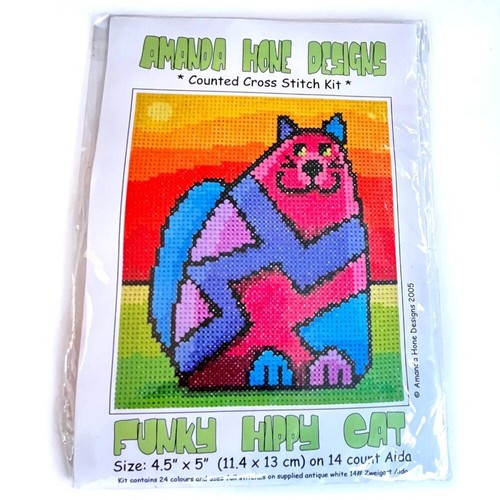 Kit de punto de cruz contado Amanda Hone Designs Funky Hippy Cat RARO nuevo sellado - Imagen 1 de 4