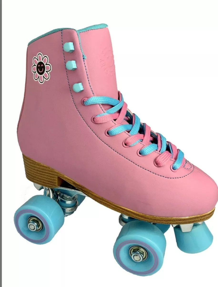 ROLLER SKATES Baby Pink Blue Trim Wheels Size 8 eBay