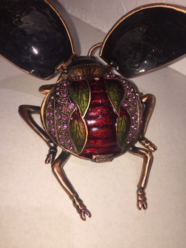 SWAROVSKI CRYSTAL BEJEWELED ENAMEL HINGED TRINKET BOX- LARGE LADY BUG - Picture 4 of 9