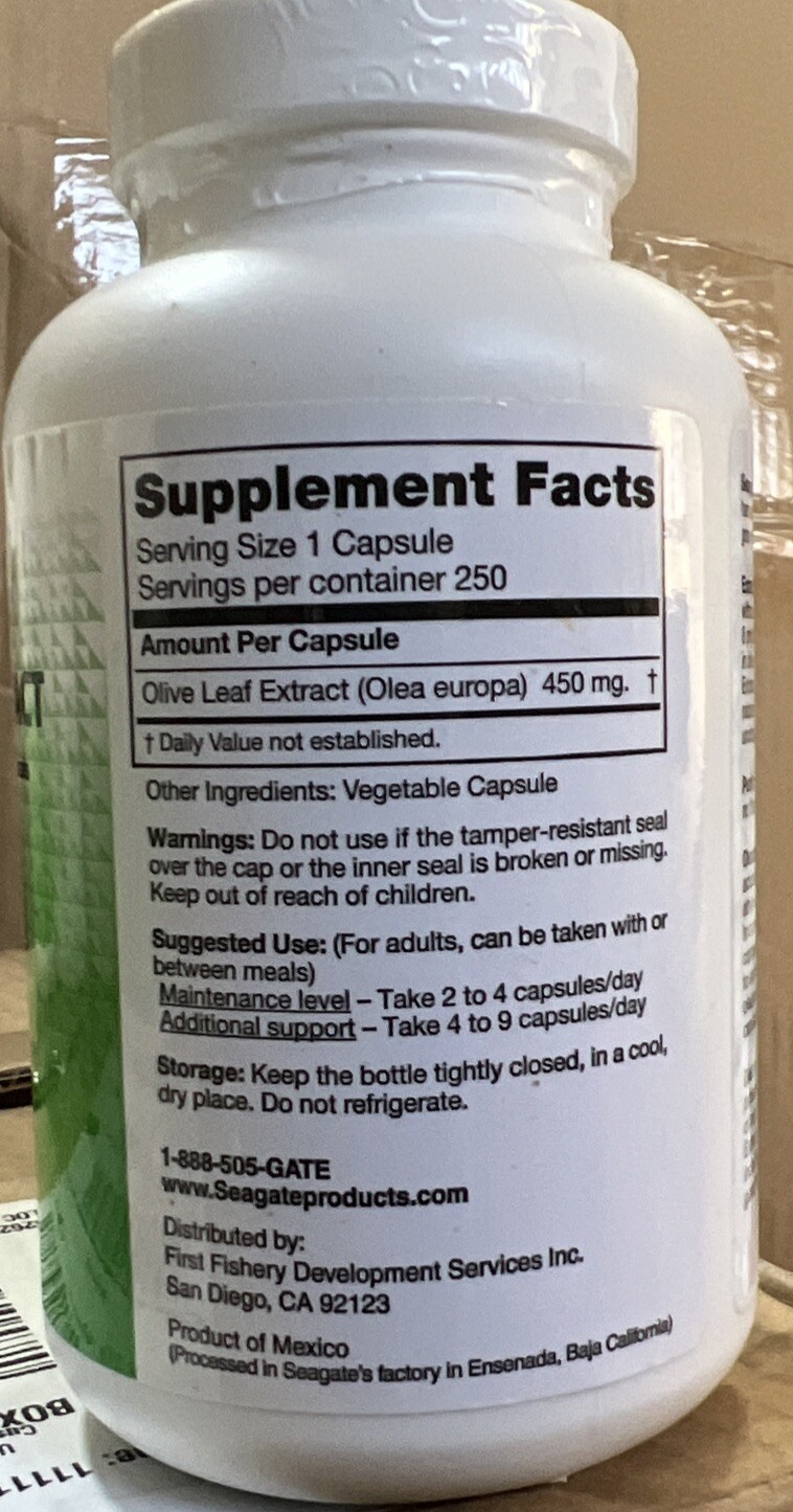 Seagate Olive Leaf Extract Supplement 450mg Capsules 250 Count for