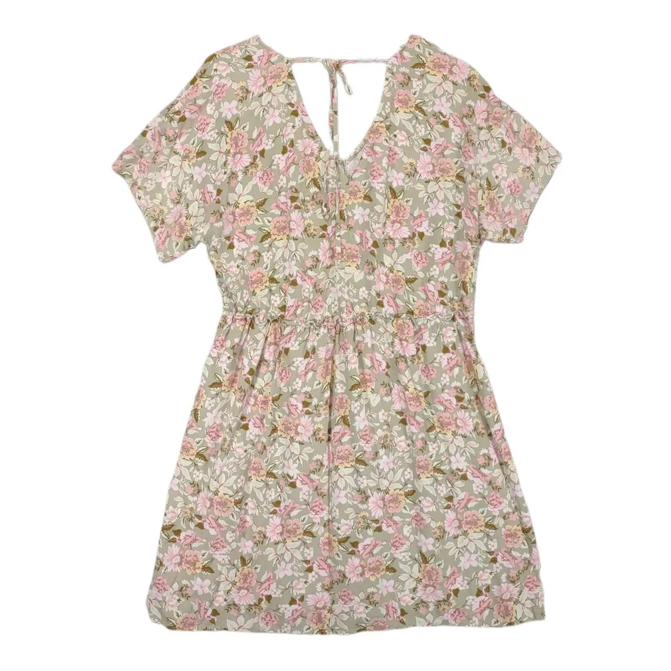 Mini Vestido Bebop Talla XL Estampado Floral Cuello en V Borla Rayón, Cottagecore Verde Rosa Foto 3 de 4