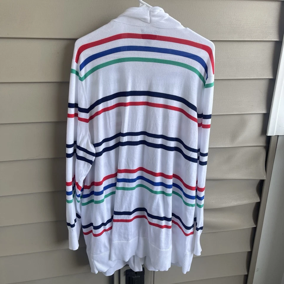 Lands End 2X Cárdigan Largo Suéter Blanco Rayas Frente Abierto Bolsillos Náuticos Foto 2 de 4