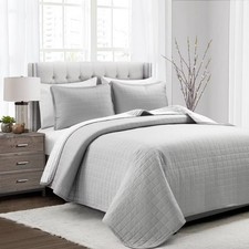 Lush D cor 3pc King Farmhouse Box Stitch And Stripe Oversized Reversible Cotton
