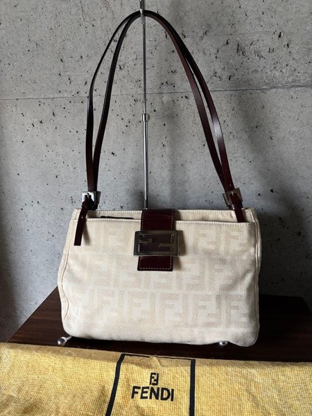 FENDI Mamma Baguette Zucca FF Canvas Leather Shoulder Bag Ivory Beige Flap
