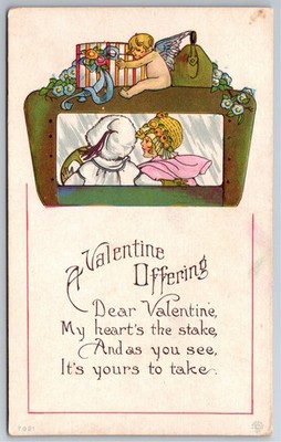 Valentines Day, Cherub, Young Couple, Gifts, Poem, Vintage Postcard