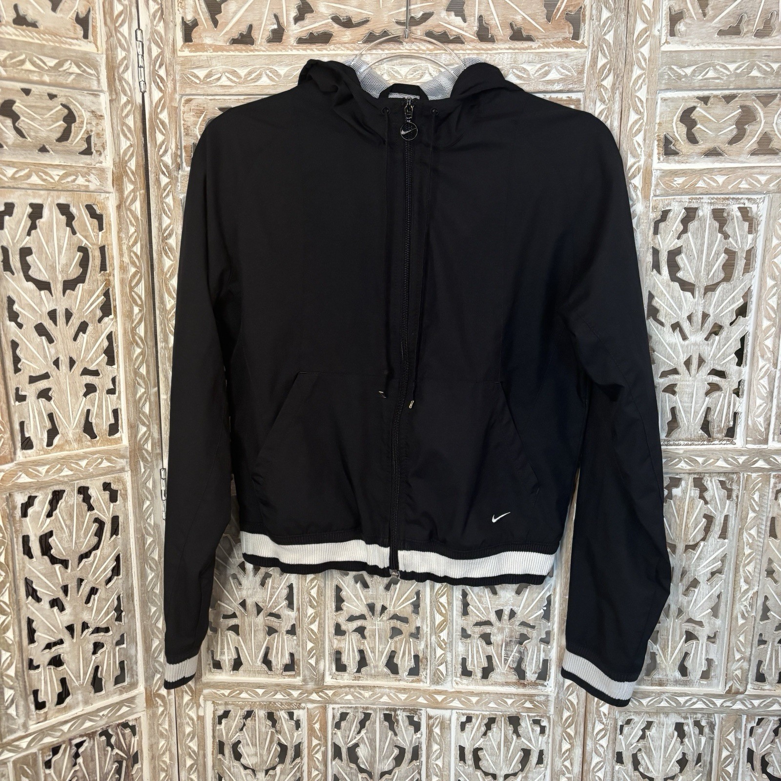 SACAI X NIKE Giacca sportiva Nike vintage donna piccola nera full zip swoosh abbigliamento sportivo Y2K