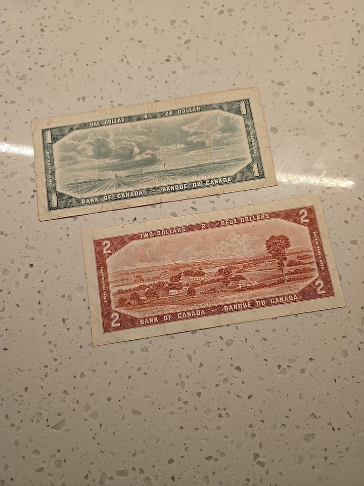 1954 1 and 2 Dollar Canada Bills. Circulated. Lot of 2 Notes...devil's