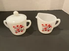 Vtg Fire King  Milk Glass Primrose  Flower Floral Creamer Sugar Bowl w/ Lid HTF