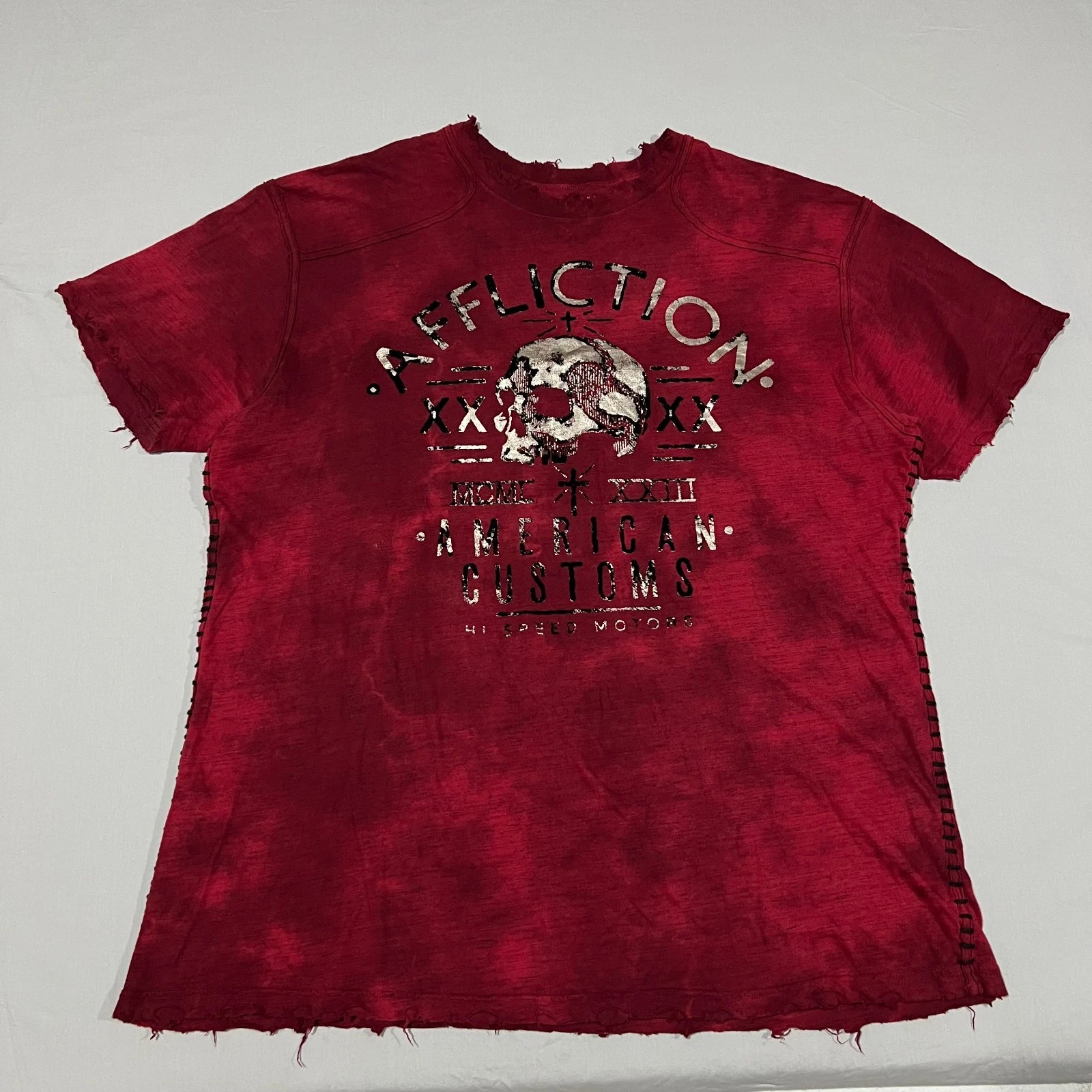 Vintage Affliction American Customs Grunge Mens Red Tie Dye Graphic T-Shirt 3XL