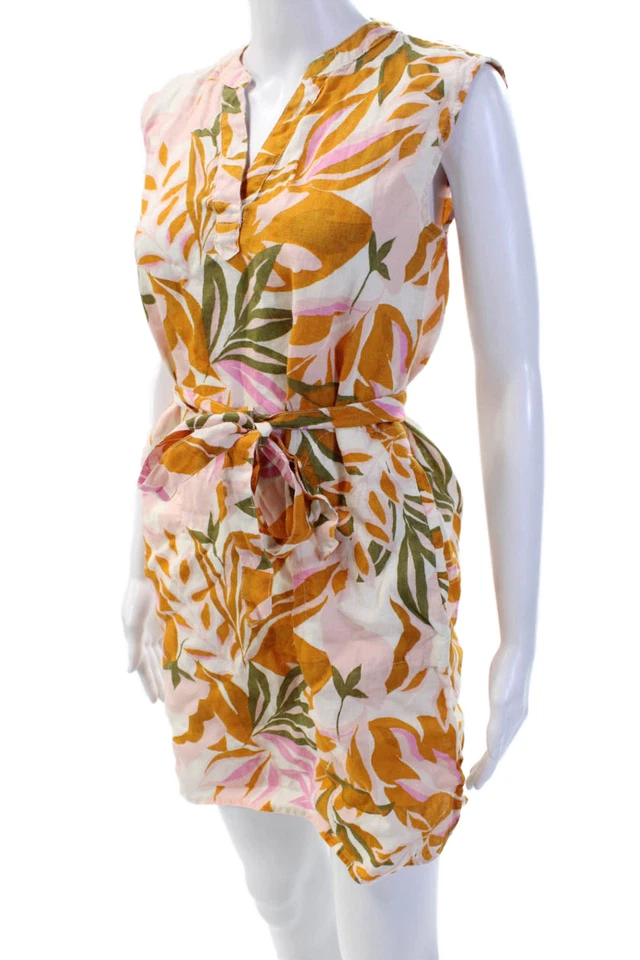 C&C California Women Shirt Dress Orange Floral Linen Sleeveless Short Size XS - Image 2 of 4