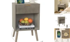 Grey Wood Nightstand with Charging Station, Modern Grey With Charging Station