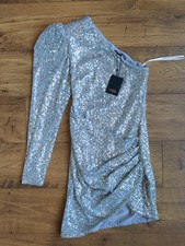 NBD Womens M Silver Sequin One Shoulder Long Sleeve Mini Dress READ