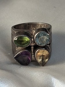 925 Sterling Silver Thick Rimmed Band Ring W Gemstones: Amethyst Topaz Citrine 7