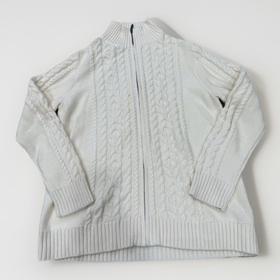 L.L. Bean Womens Full Zip Cable Knit Sweater Sz L Fisherman Mock Neck Cotton
