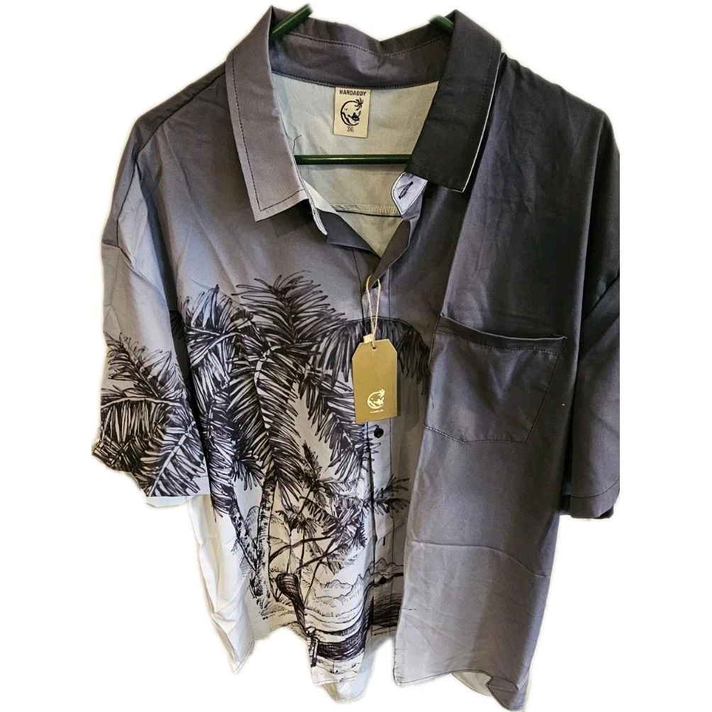 NWT Hardaddy 3XL Mens Vacation Cruise Button Up Shirt Black Gray Palm Tree (49)