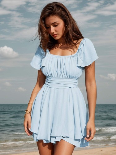 Women's Ruffle Short Sleeve Tie Back Romper Dress Square Neck Jumpsuits - Picture 5 of 14