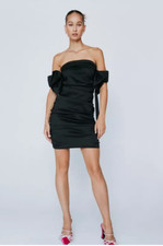 BNWT Nasty Gal Black Bow Strap Ruched Taffeta Bardot Mini Dress Size 8 Small