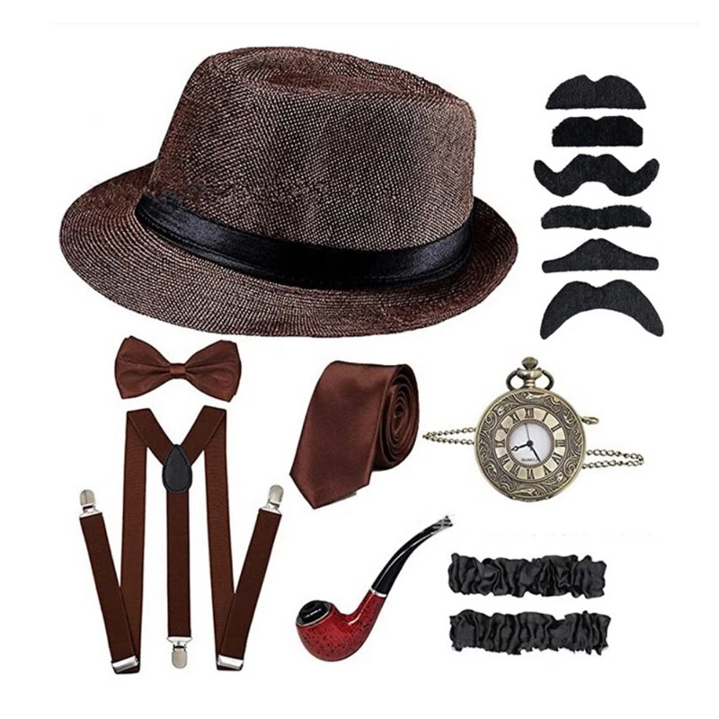 Conjunto de accesorios de disfraz de gángster Gatsby de la década de 1920 para hombre boina sombrero tirantes espalda en Y Foto 4 de 4