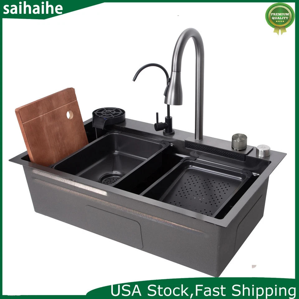 Fregadero de cocina cascada de acero inoxidable con lluvia voladora con grifo abatible para el hogar Foto 2 de 4