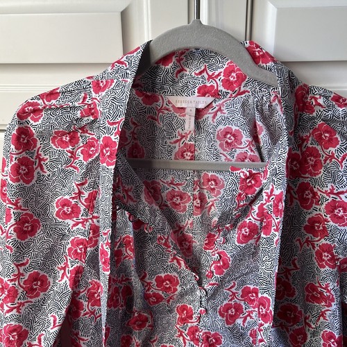 Rebecca Taylor Coral Black Floral Neck Tie Top Puff Sleeve Stretch Blouse Top 8 - Picture 7 of 16
