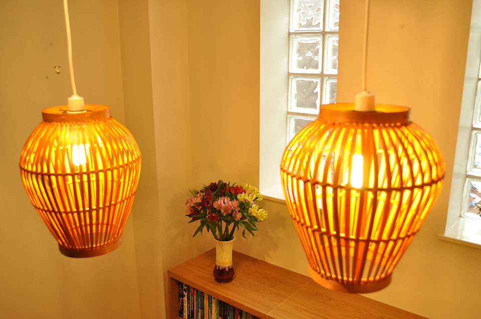 Pantalla de bambú hecha a mano, pantalla de techo o mesa colgante redonda, marrón L007 Foto 4 de 4