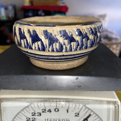 COOL BRUTALIST POTTERY BOWL MARKED E WITH A DOWNWARD ARROW