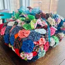 Vintage Handmade YoYo Quilt Patchwork Fabric Art Piece California King