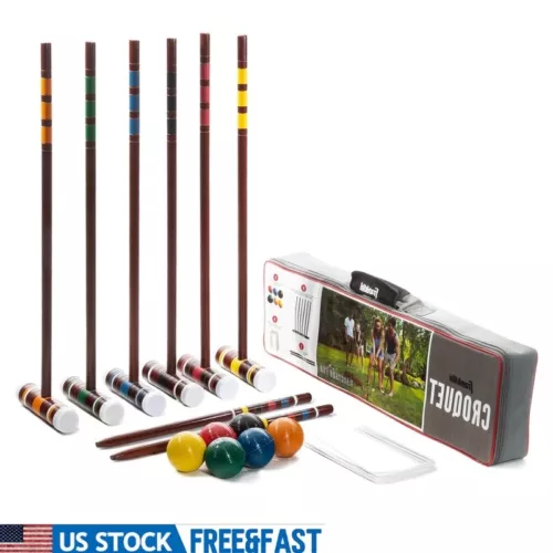 Croquet Set 6 Player Wooden Mallets Balls Wickets Stakes Outdoor Family Game US - Picture 2 of 10
