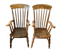 🪑 STUNNING Pair of Antique Windsor Captain’s Chairs – Solid Elm Wood, rare pair
