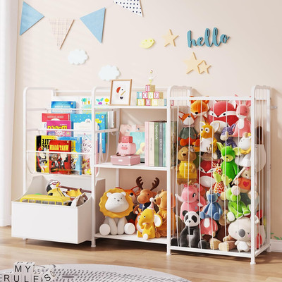3In1 Stuffed Animal Storage Organizer - Toy Storage with Kids Bookshelf & Large