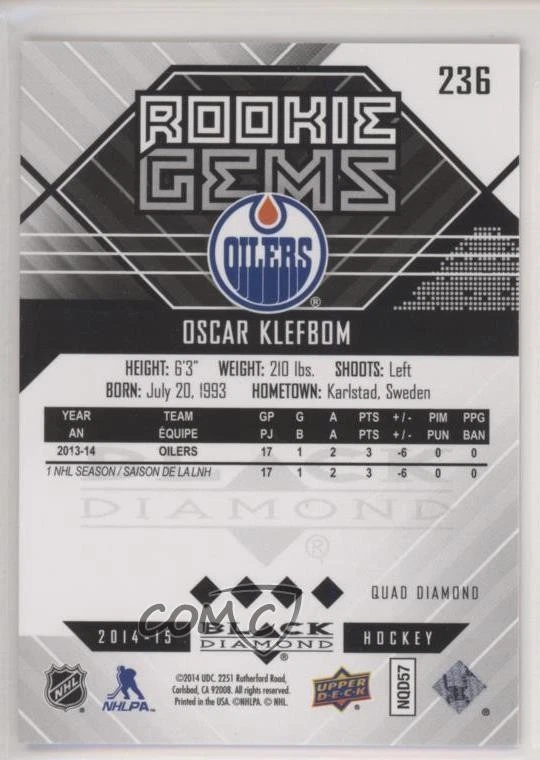2014-15 Upper Deck Black Diamond Gems Orange Oscar Klefbom #236 Rookie RC - Image 2 of 2