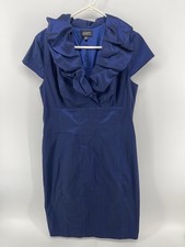 Adrianna Papell Cap Sleeve Sheath Dress Womens Size 14 Ruffle V Neck Shiny Blue
