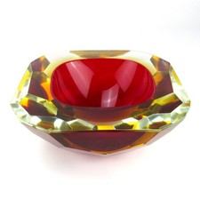 Murano Glas Aschenbecher Blockascher Sommerso Geode Bowl Vintage Rot/Gelb Italy