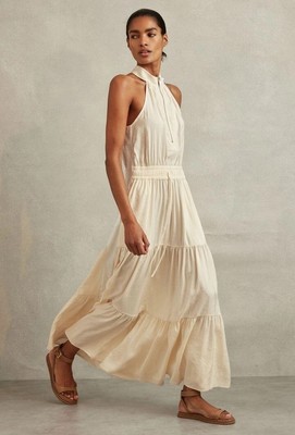 REISS Taylor Midikleid mit Kordelzug Taille Stufen in Neutral