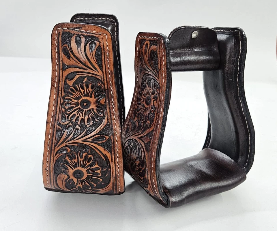 Western Stirrup 马鞍 Tack 花卉手工工具皮革保护套一对 3 领 5 W — 第 3/4 张图片