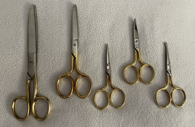 Gold handled Sewing Scissors Germany Palm Tree Logo Lot Of 5 Vintage New!